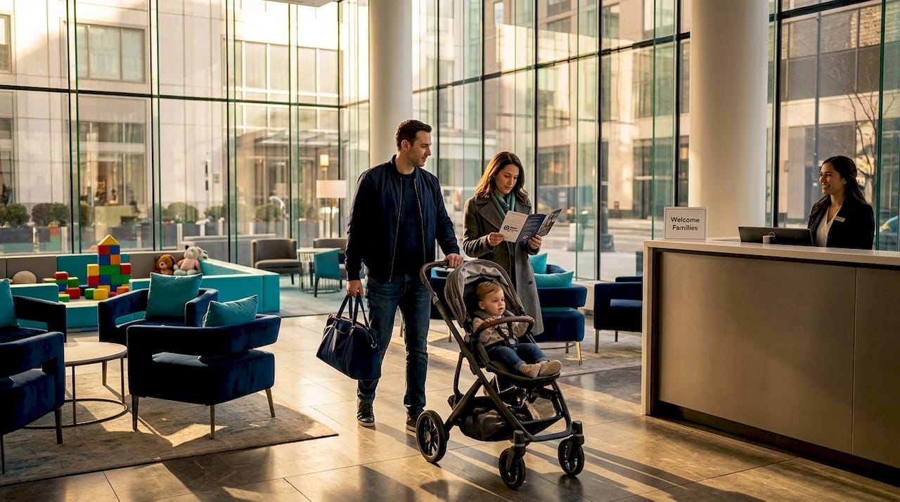 Family entering stroller-friendly NYC hotel lobby