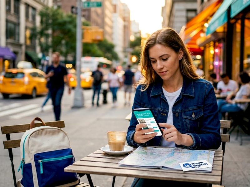 Woman checking last-minute NYC hotel deals on phone