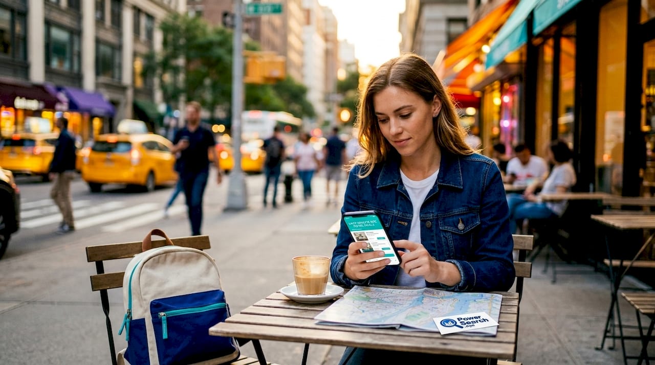 Woman checking last-minute NYC hotel deals on phone