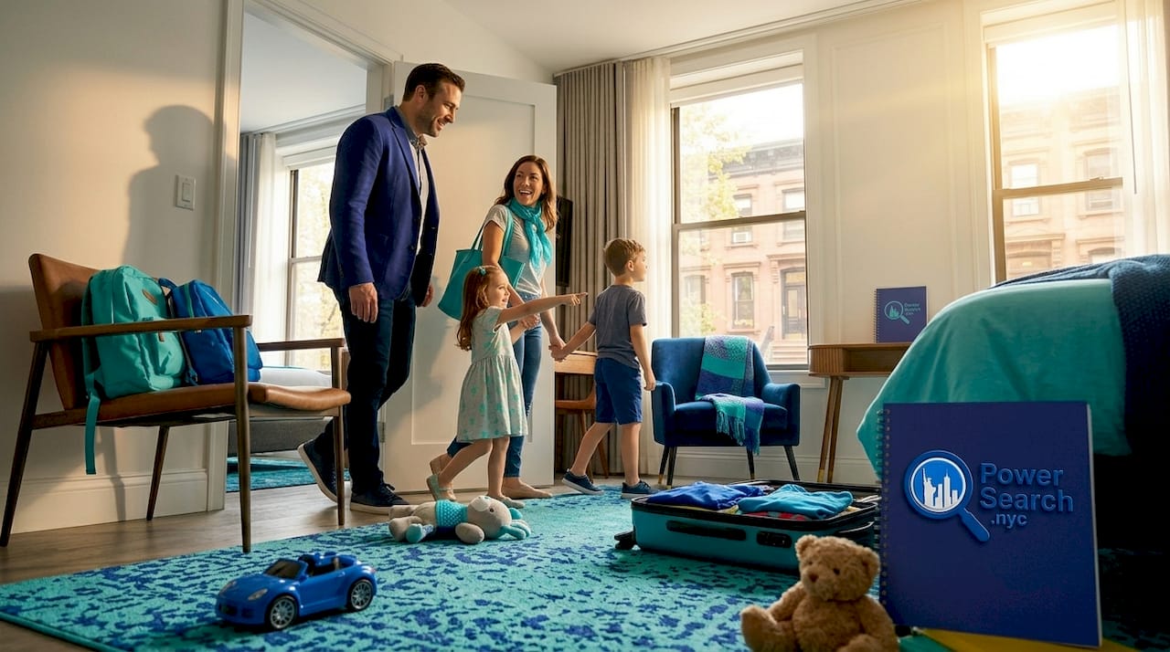 Family entering connected hotel rooms in NYC