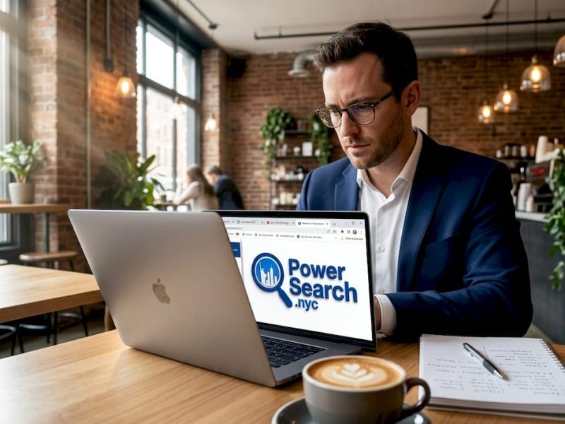 Professional browsing event booking sites on laptop in café