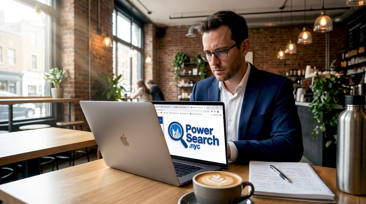 Professional browsing event booking sites on laptop in caf&eacute;