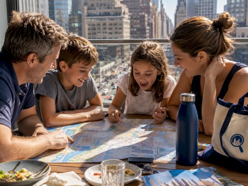 Family planning NYC trip at kitchen table