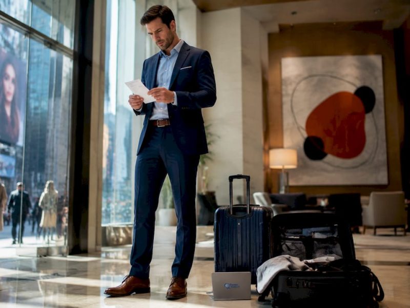 Businessman reviewing hotel receipt in Times Square lobby