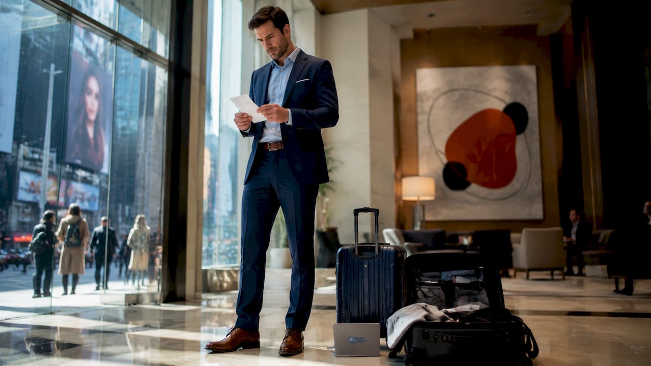 Businessman reviewing hotel receipt in Times Square lobby