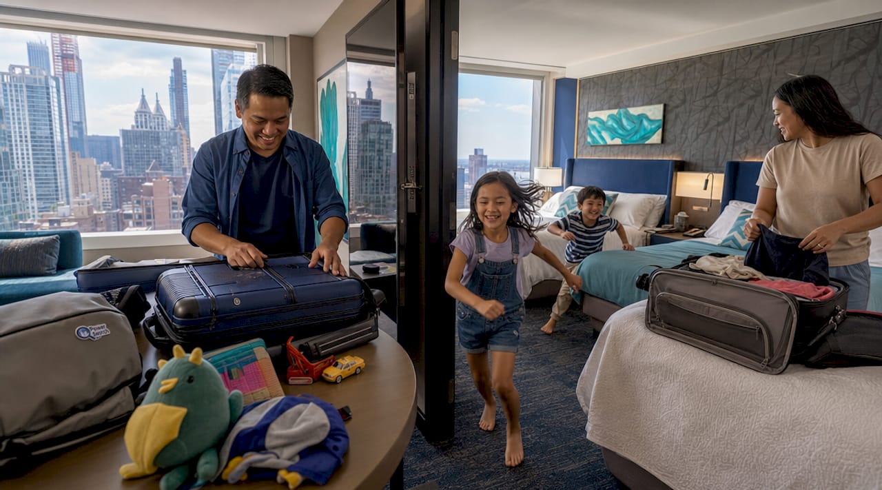 Family using connecting hotel rooms with interior door open