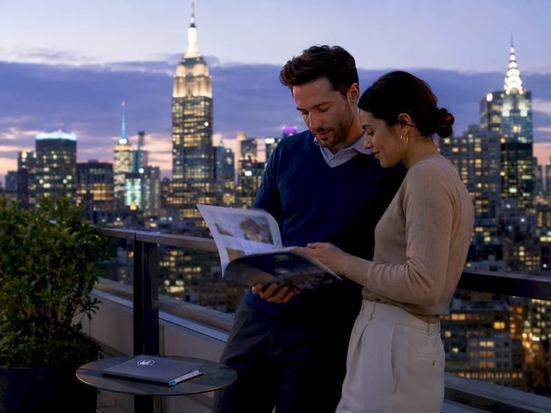 Golden hour Midtown Manhattan cityscape with tourists