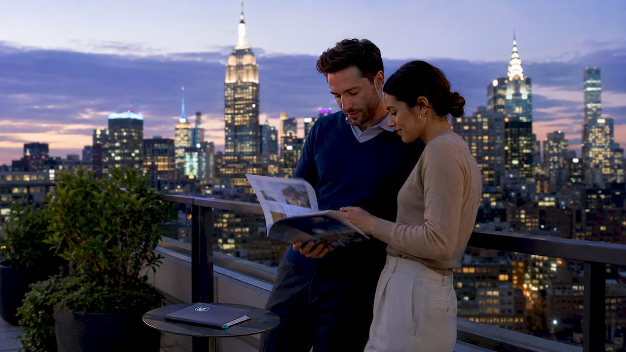 Golden hour Midtown Manhattan cityscape with tourists