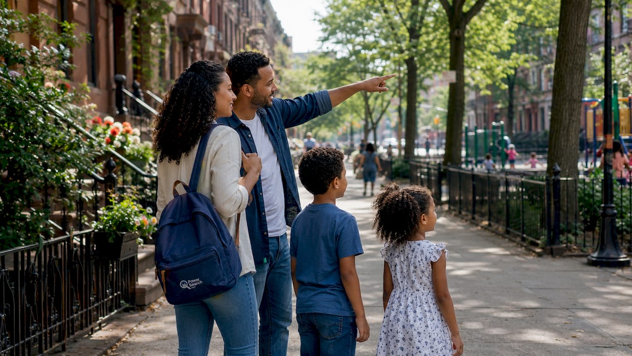 Family admiring NYC neighborhood park entrance