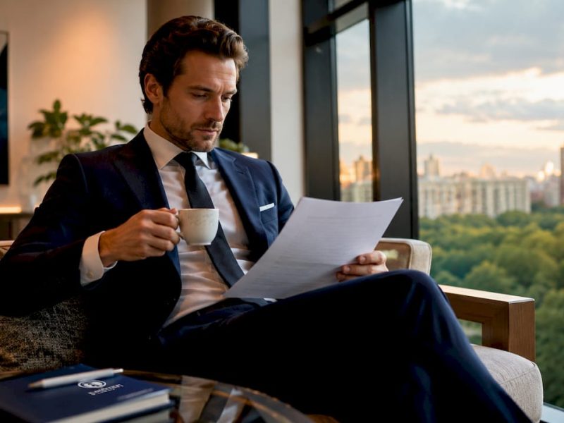 Business traveler in NYC executive suite workspace