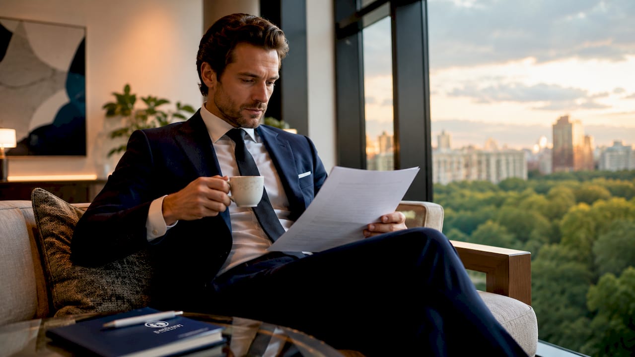Business traveler in NYC executive suite workspace