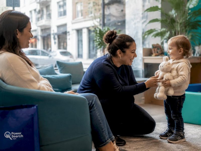 Parent and babysitter in NYC hotel room interacting with child