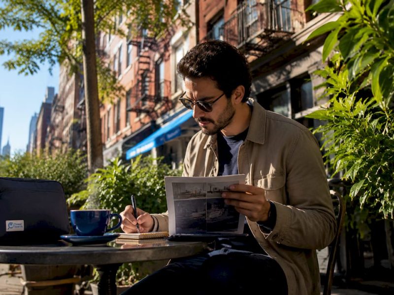 Traveler studying NYC hotel classification guide outdoors
