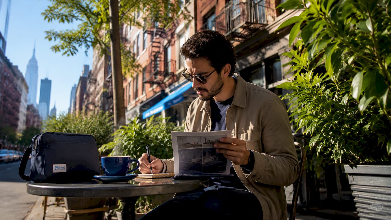 Traveler studying NYC hotel classification guide outdoors
