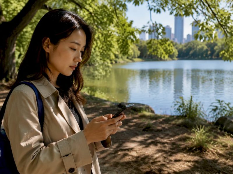 Tourist checking NYC travel discount card app outdoors