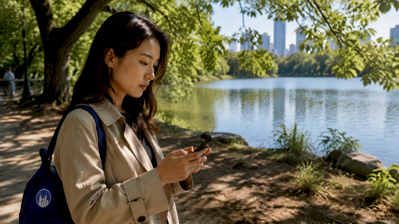 Tourist checking NYC travel discount card app outdoors