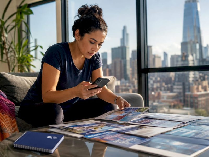 Woman planning NYC travel at kitchen table