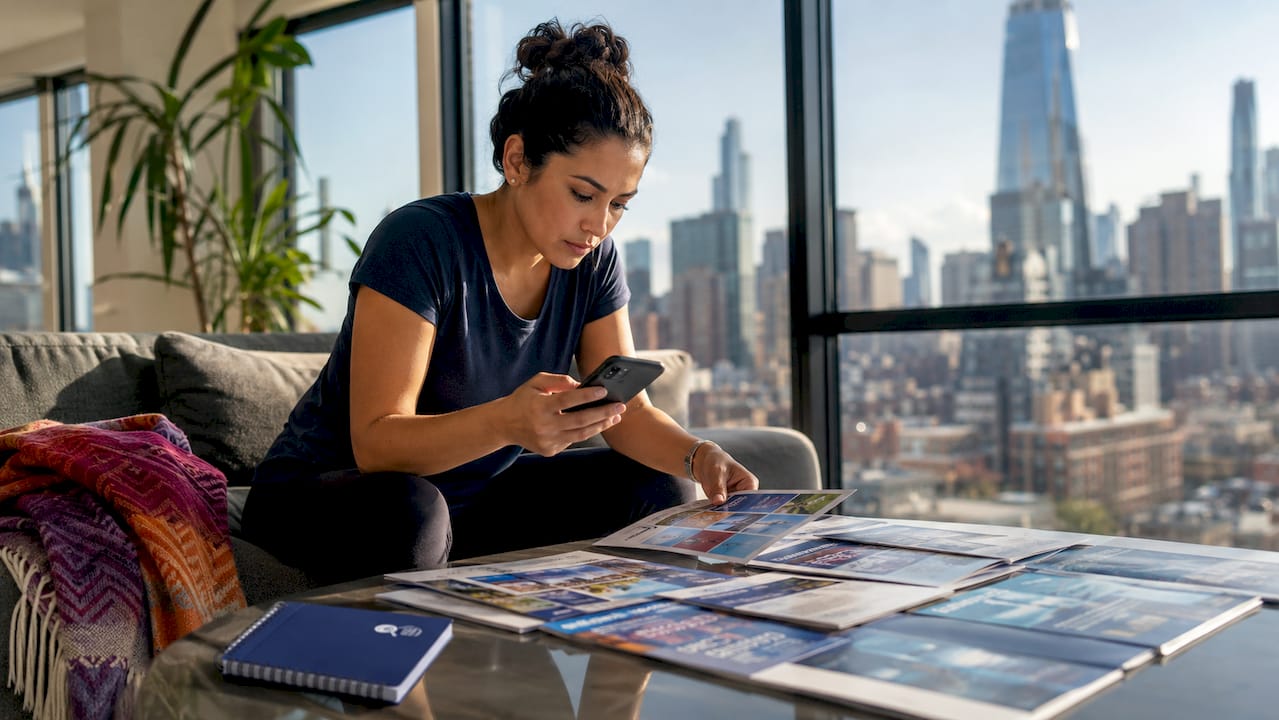 Woman planning NYC travel at kitchen table
