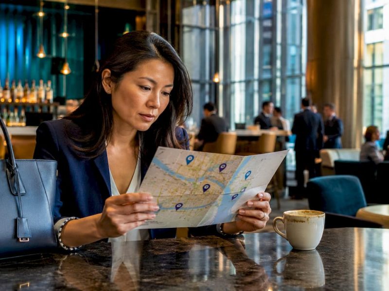 Traveler consulting NYC hotel map near convention center