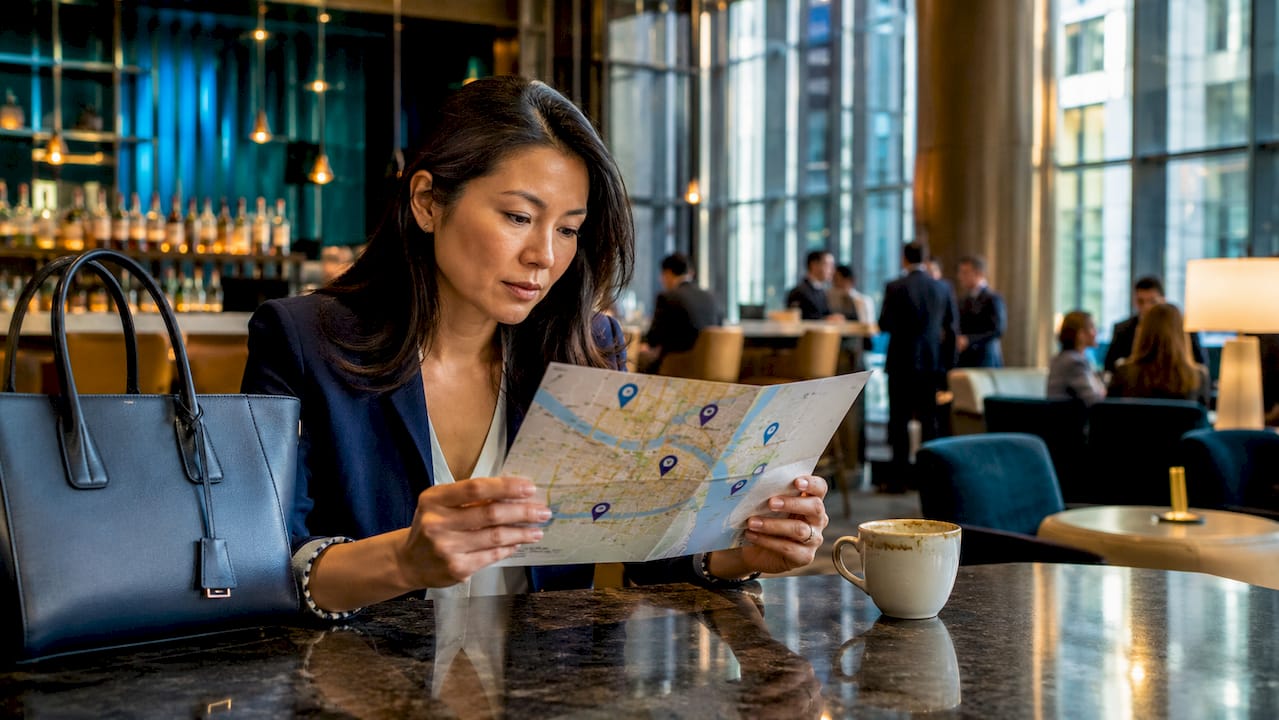 Traveler consulting NYC hotel map near convention center