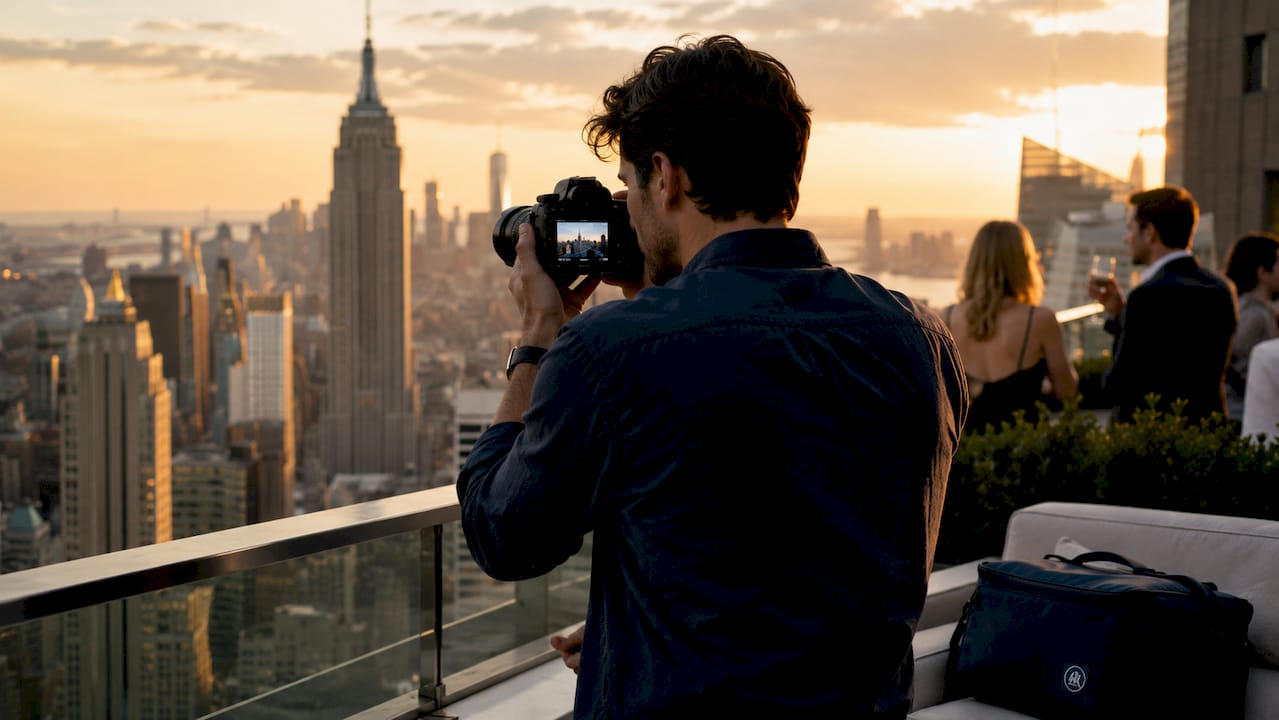 Photographer capturing NYC landmarks from Empire State