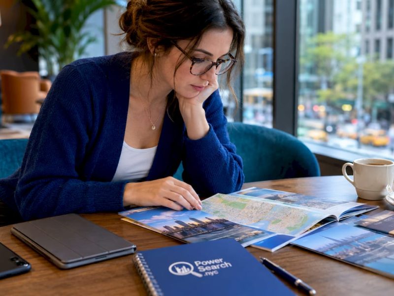 Woman comparing travel guides at caf&eacute; table