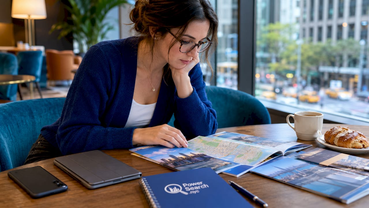 Woman comparing travel guides at café table