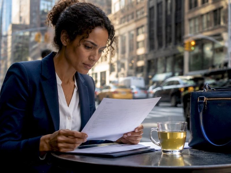 Traveler reviewing NYC hotel folio indoors
