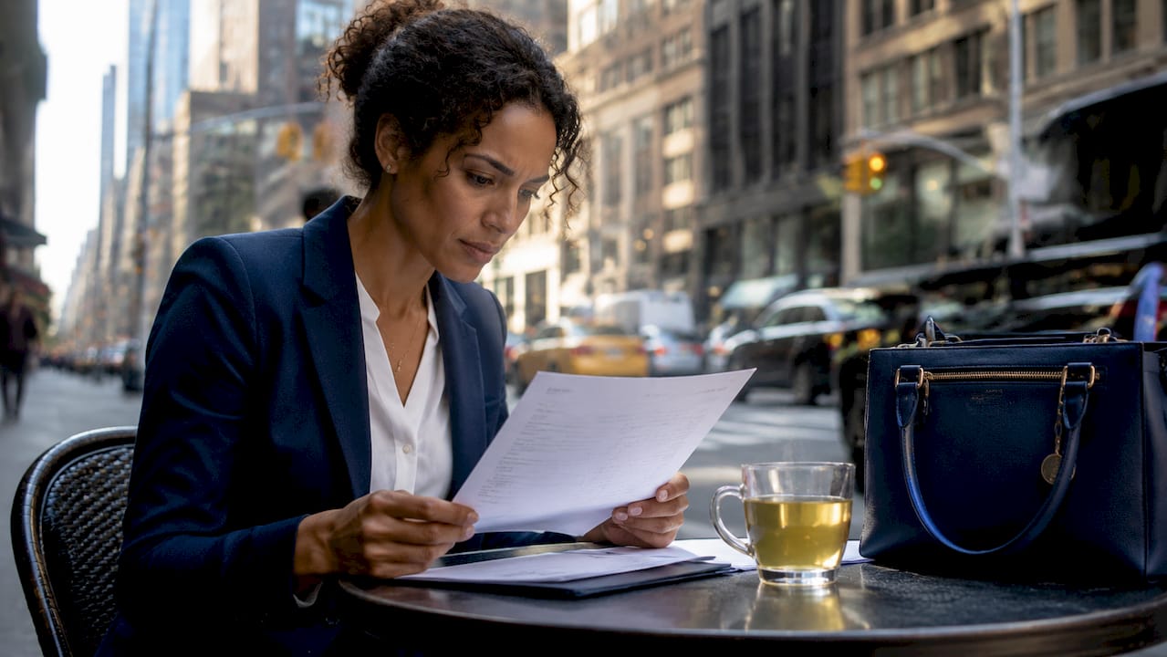 Traveler reviewing NYC hotel folio indoors