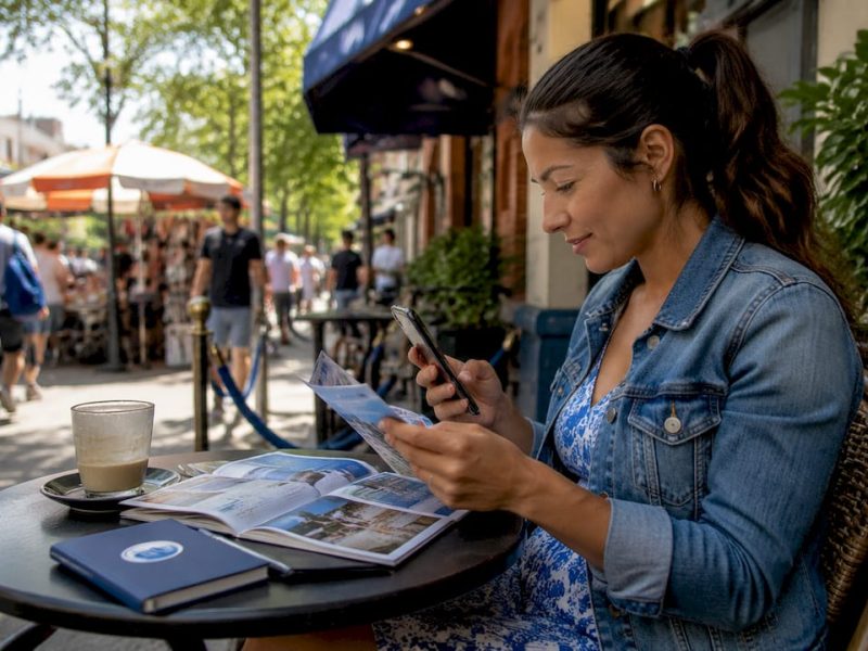 Traveler reviewing Queens hotel options in lobby