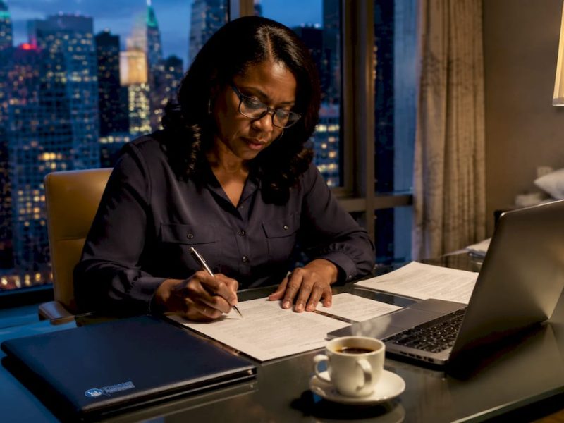 Businesswoman completing NYC hotel tax exemption form