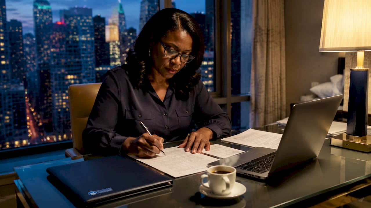 Businesswoman completing NYC hotel tax exemption form