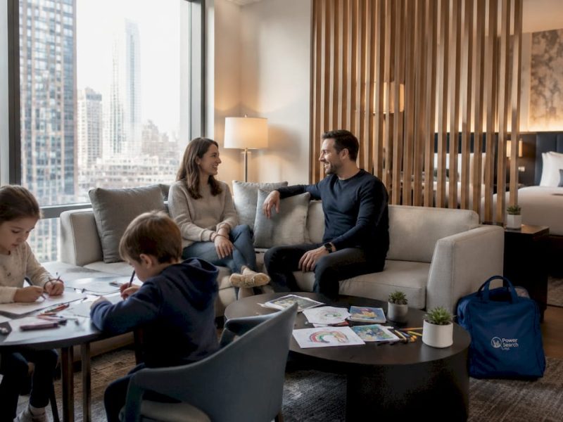 Family enjoying spacious hotel suite living area