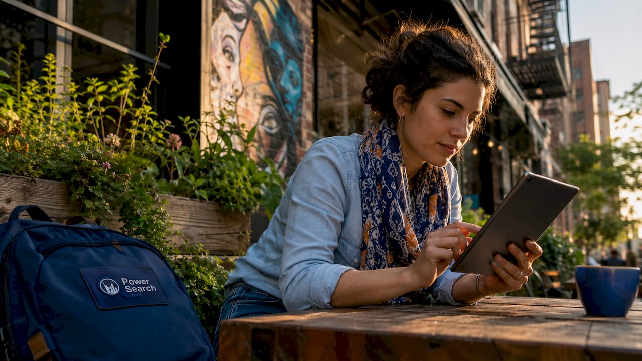 Woman using tablet at outdoor NYC café to plan trip