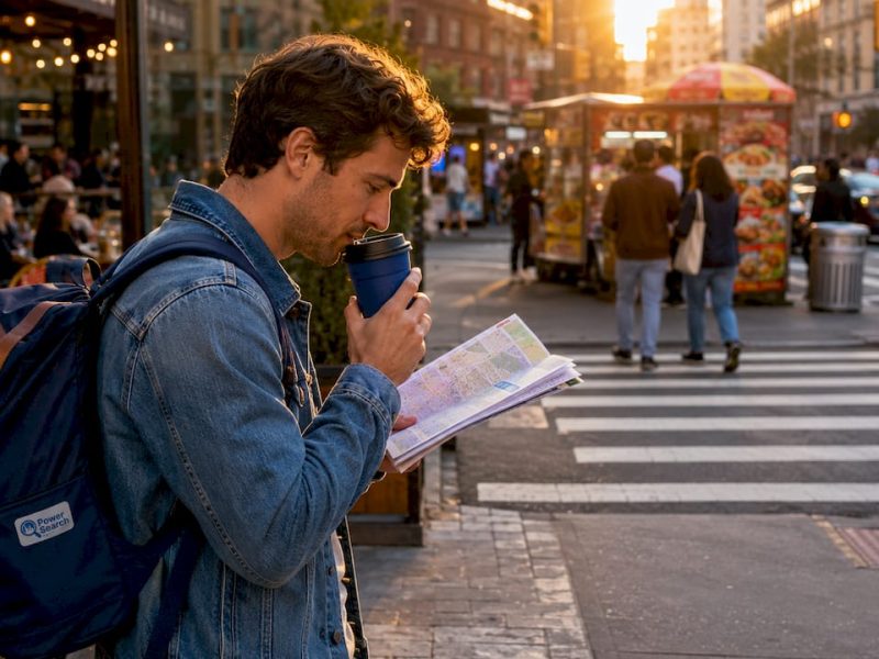 Traveler consulting map on Midtown Manhattan street corner