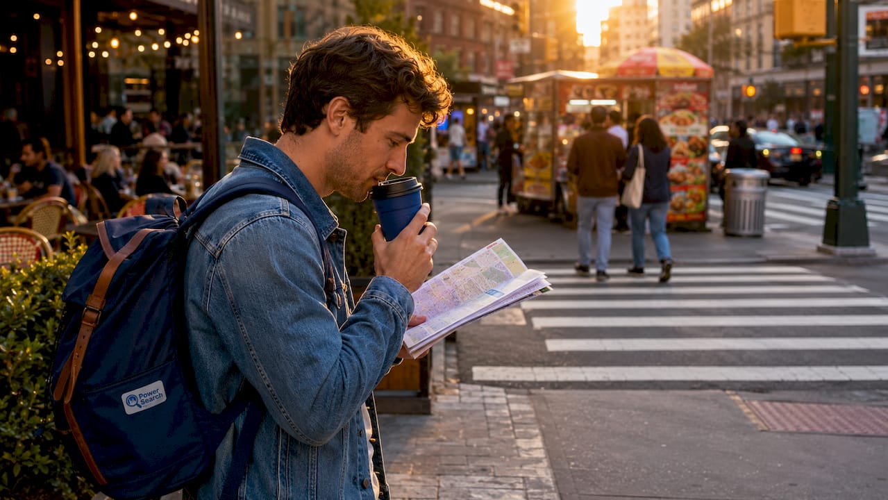 Traveler consulting map on Midtown Manhattan street corner