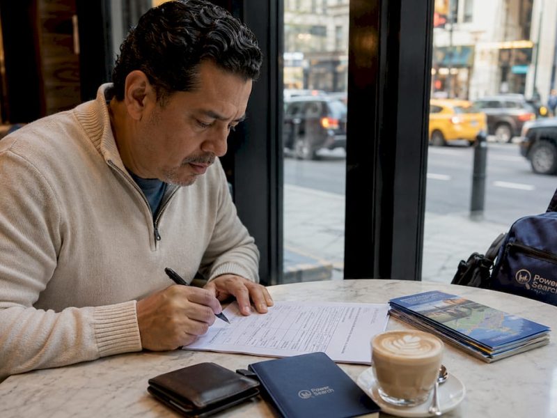 Traveler reviewing printed NYC hotel folio