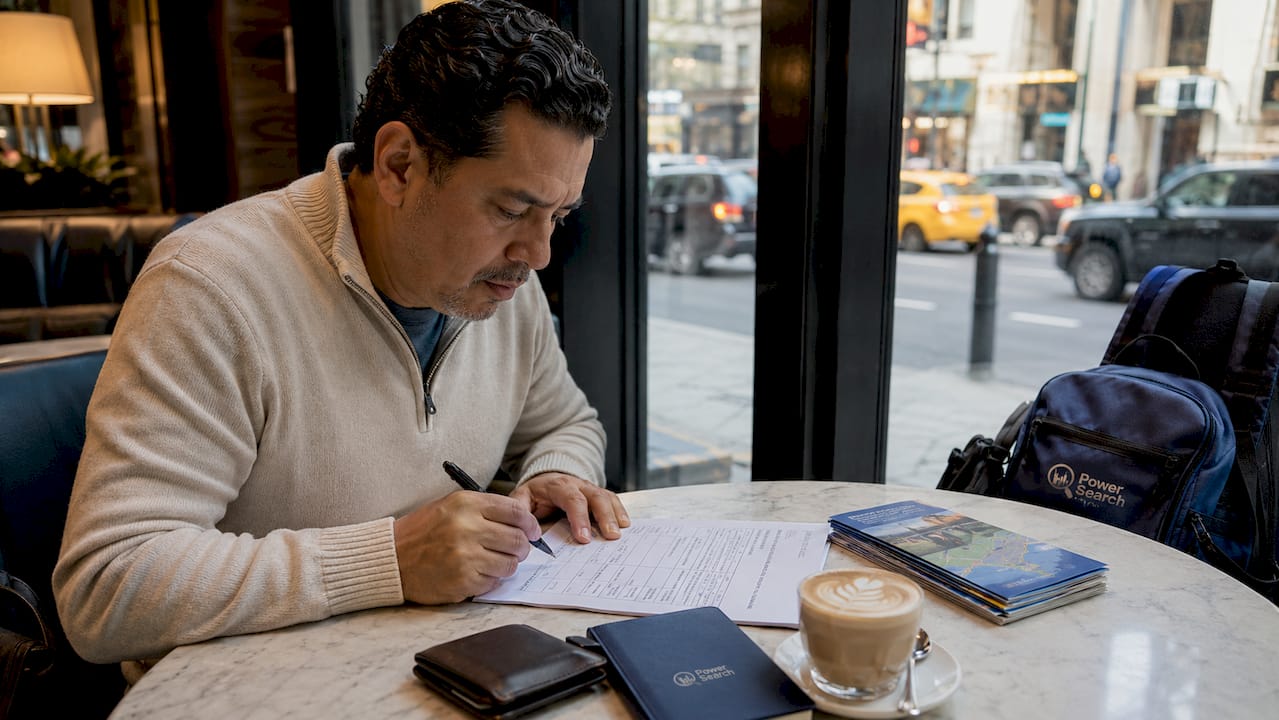 Traveler reviewing printed NYC hotel folio
