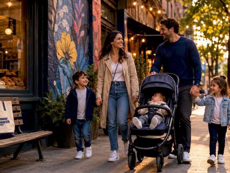 Family crossing street in Upper West Side neighborhood