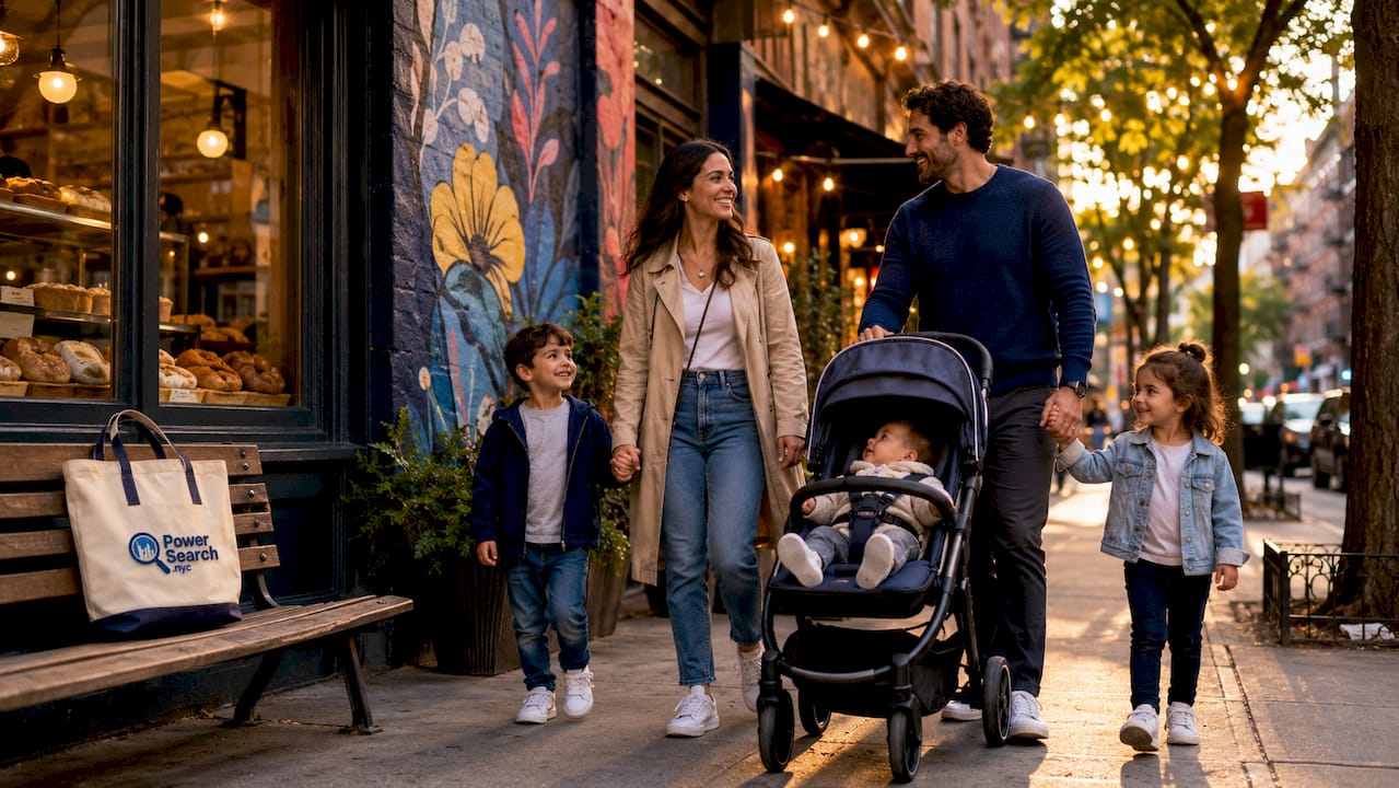Family crossing street in Upper West Side neighborhood