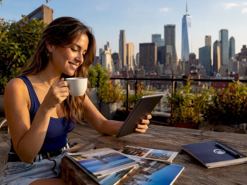 Woman checking NYC hotel prices at café