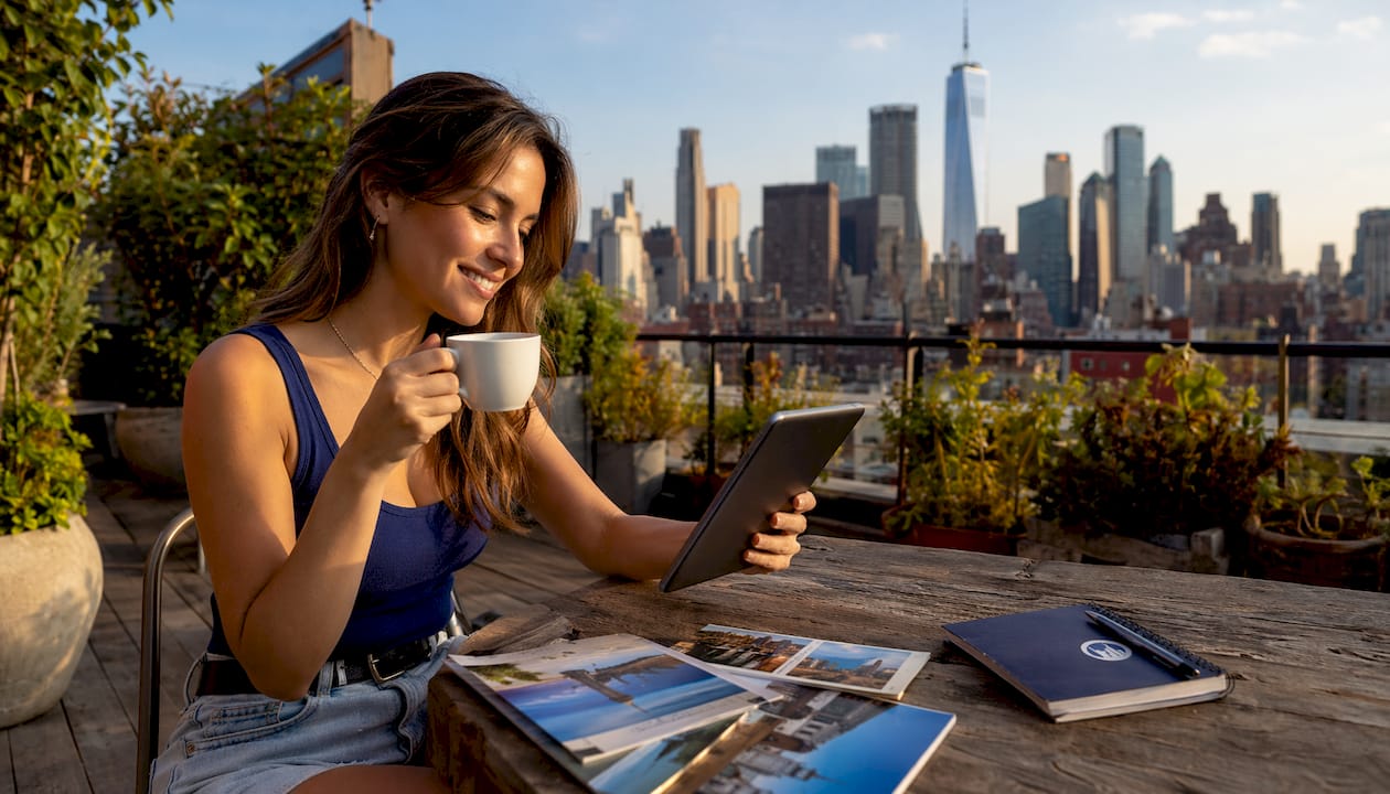 Woman checking NYC hotel prices at caf&eacute;