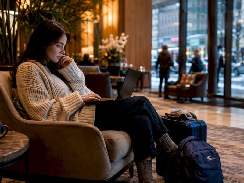 Woman booking NYC hotel at winter caf&eacute;