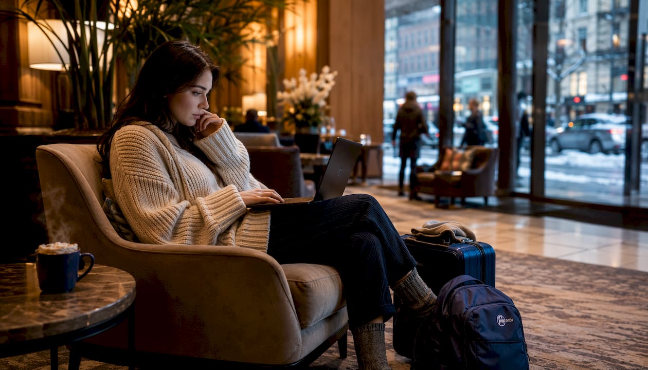 Woman booking NYC hotel at winter café