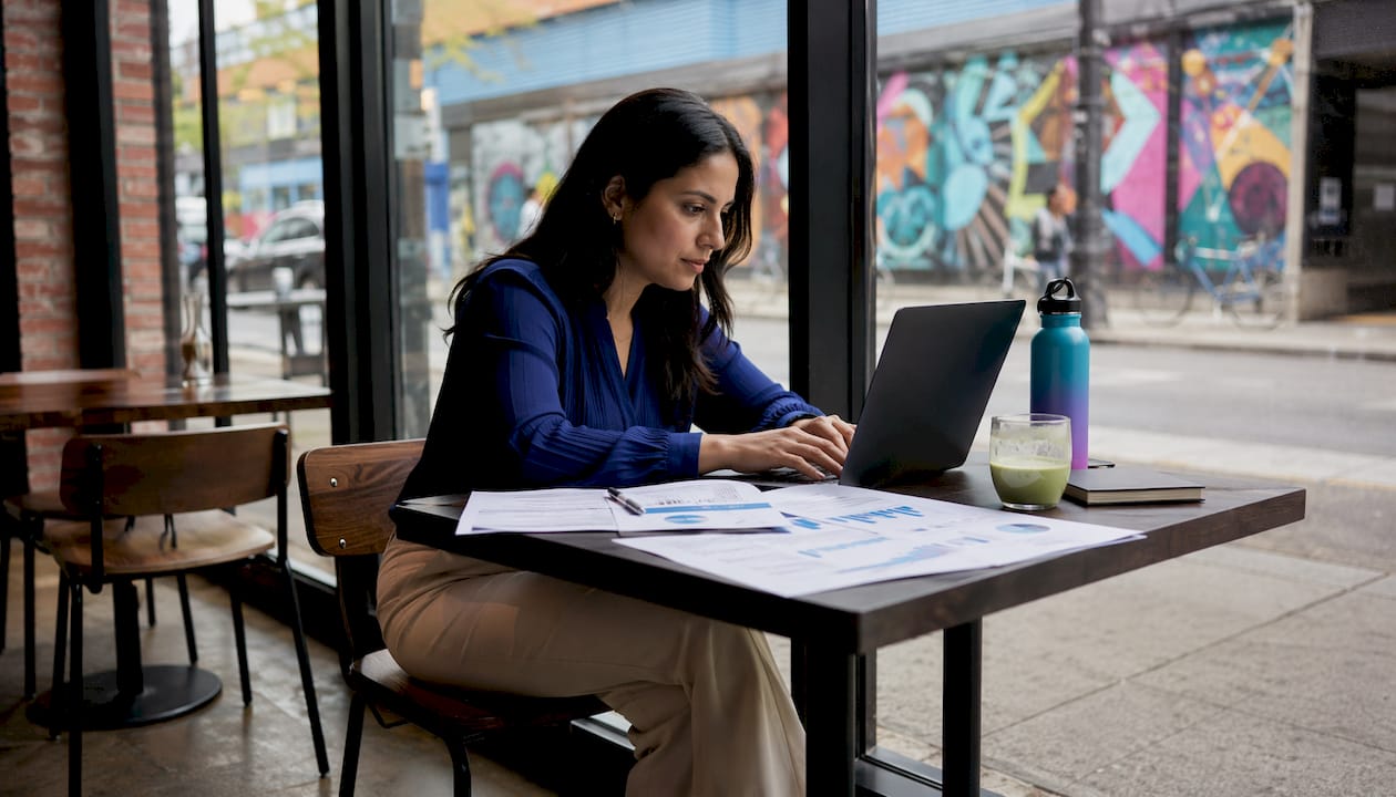 Woman at NYC café working on booking commission analysis