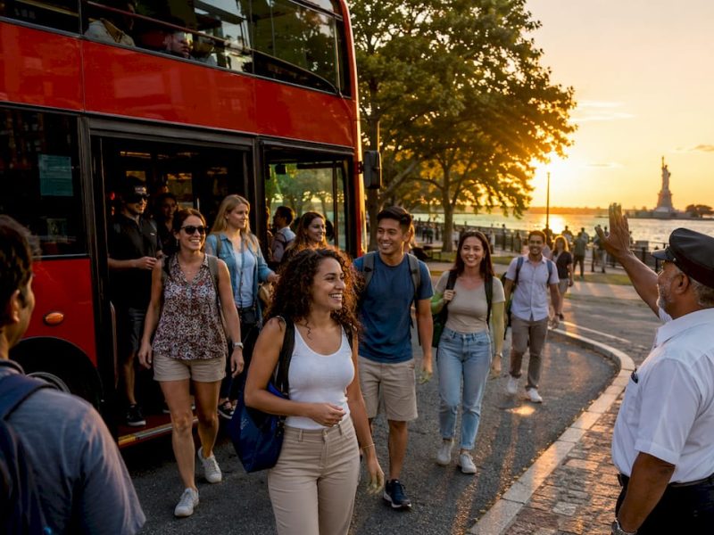 Tourists boarding NYC sightseeing bus in Midtown