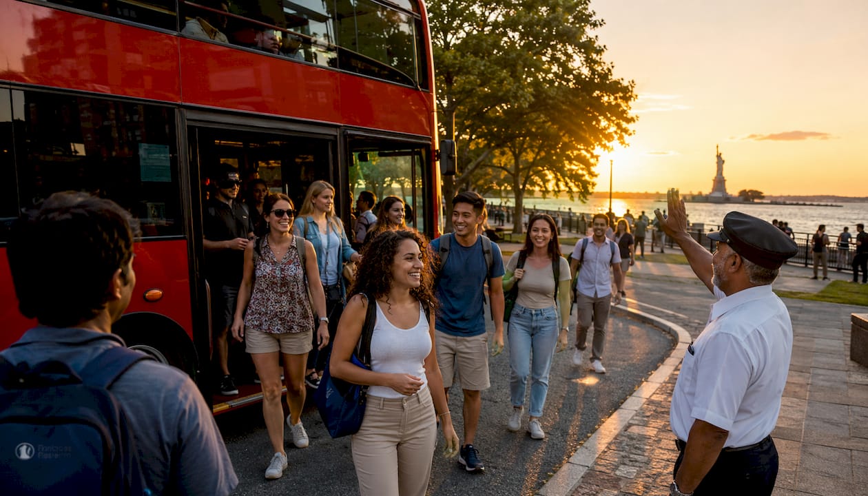 Tourists boarding NYC sightseeing bus in Midtown