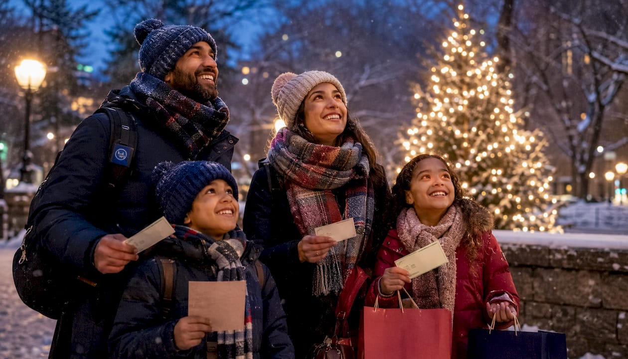 Family outside Radio City Music Hall in holiday season