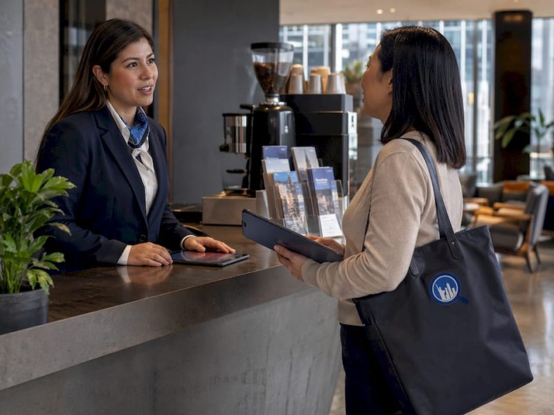 Concierge helping business traveler at hotel reception