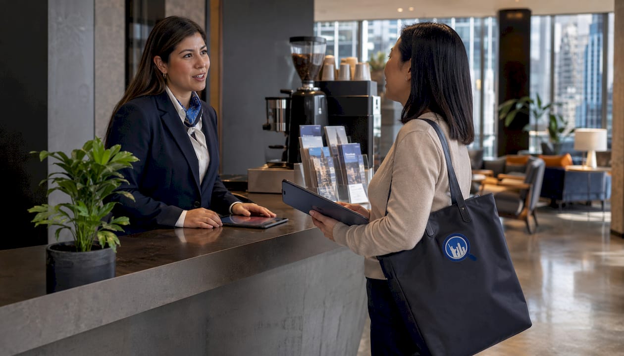 Concierge helping business traveler at hotel reception